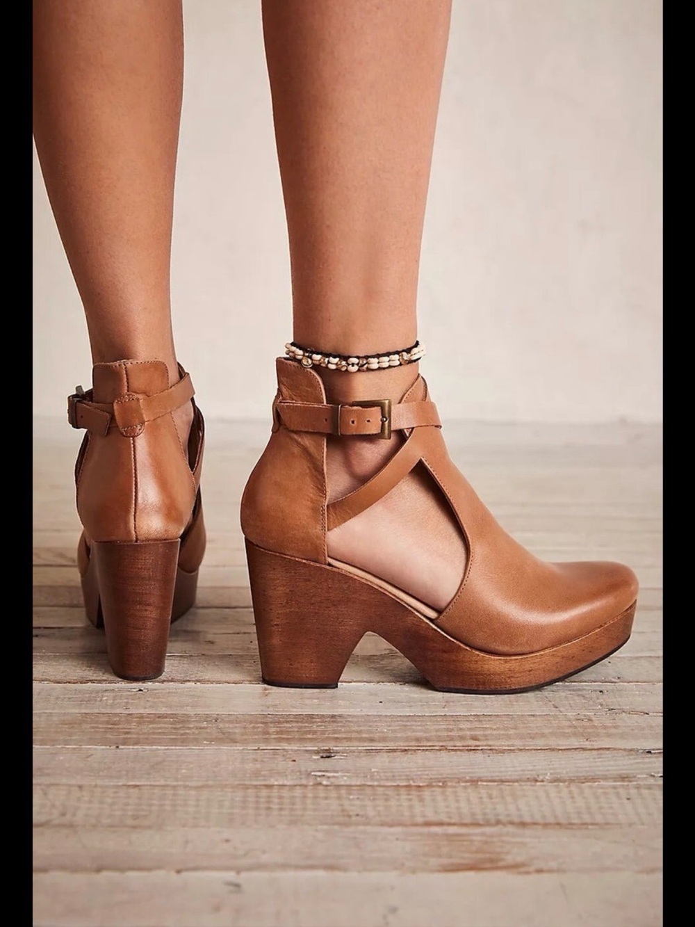 Free People Brown Cedar Clog Wooden Leather Cross Strap EU 36 / US 6